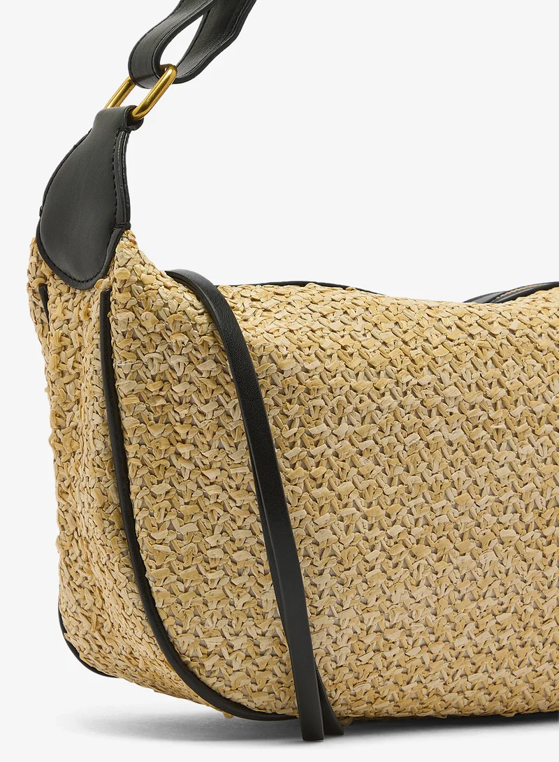 ELLA Black Raffia Textured Detail Shoulder Bag for Women | Best Price UAE